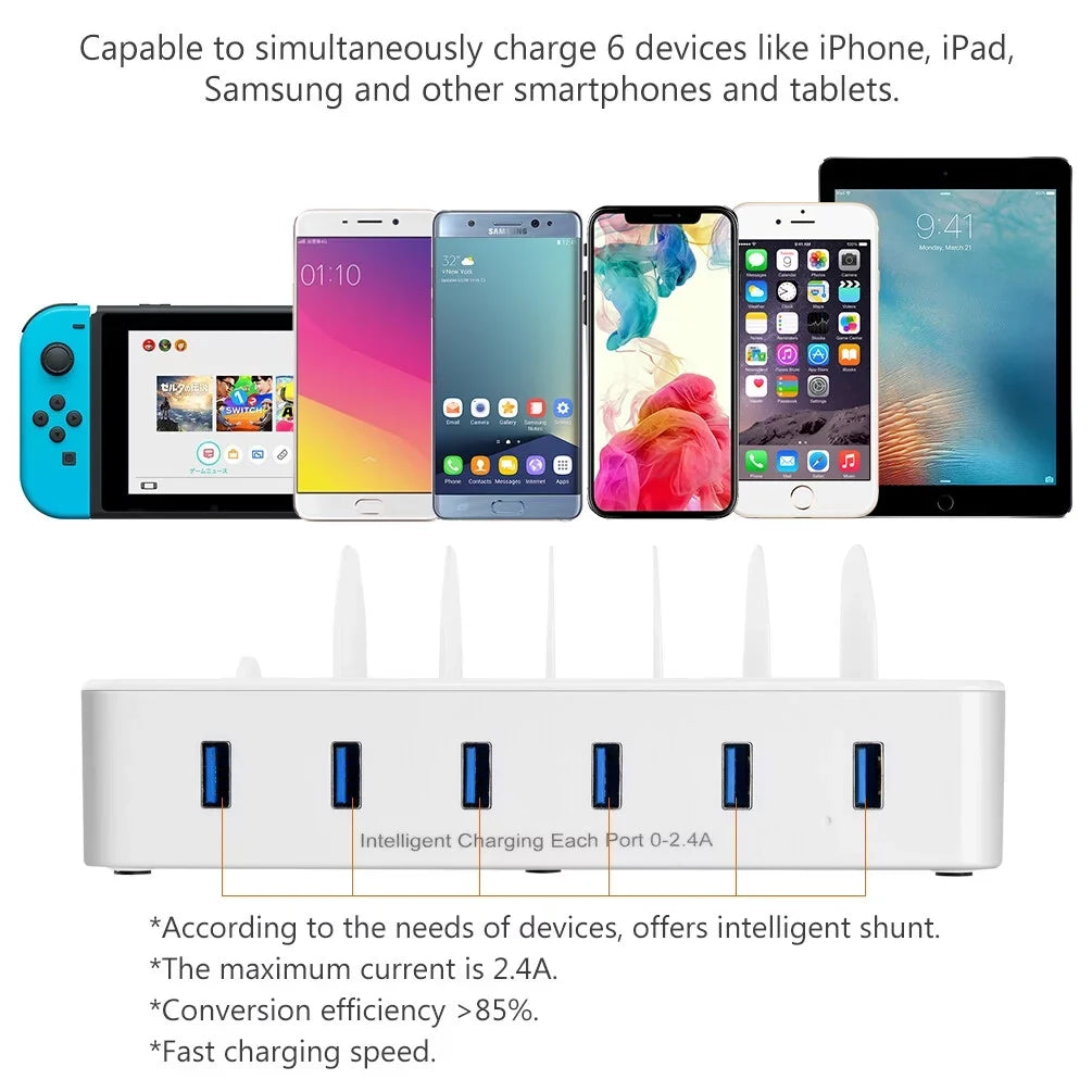 iPhone Organizer Multiple Charging Fast for for Apple, with USB Cell Android 6 Samsung, Dock Phone, Charging Phone Station USB Devices Ports -