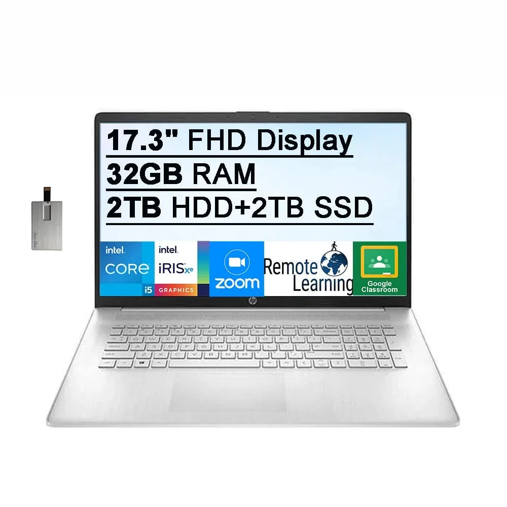 Webcam, HDD+ Iris 2TB Card Core HP Backlit 2TB Intel Processor, IPS HD USB Audio, SSD, 250 Keyboard, Computer, 2021 32GB Laptop Silver, Graphics, FHD Xe Intel Win11, RAM, 17.3" i5-1155G7 HD Nits 32GB