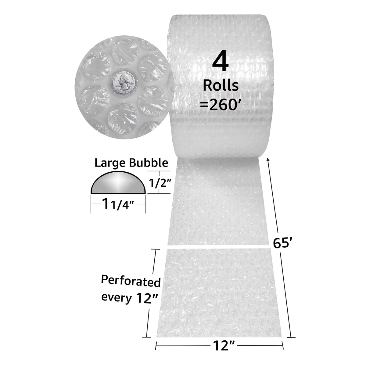 UOFFICE 1/2" 260 wide x - Size Bubbles ft Wrap Large Roll Cushioning 12" Bubble -