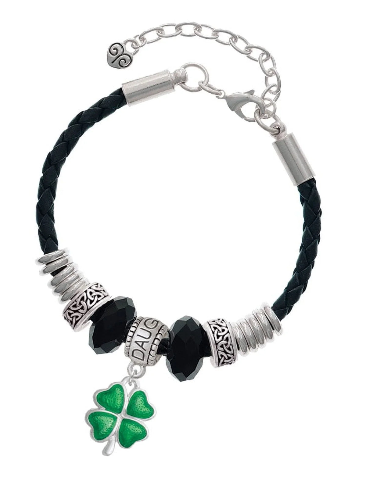 Jewelry Translucent Knot Bead Daughter Extender Four 7"+2" Lucky Celtic Clover Delight Leather Bracelet, Silvertone Leaf Green