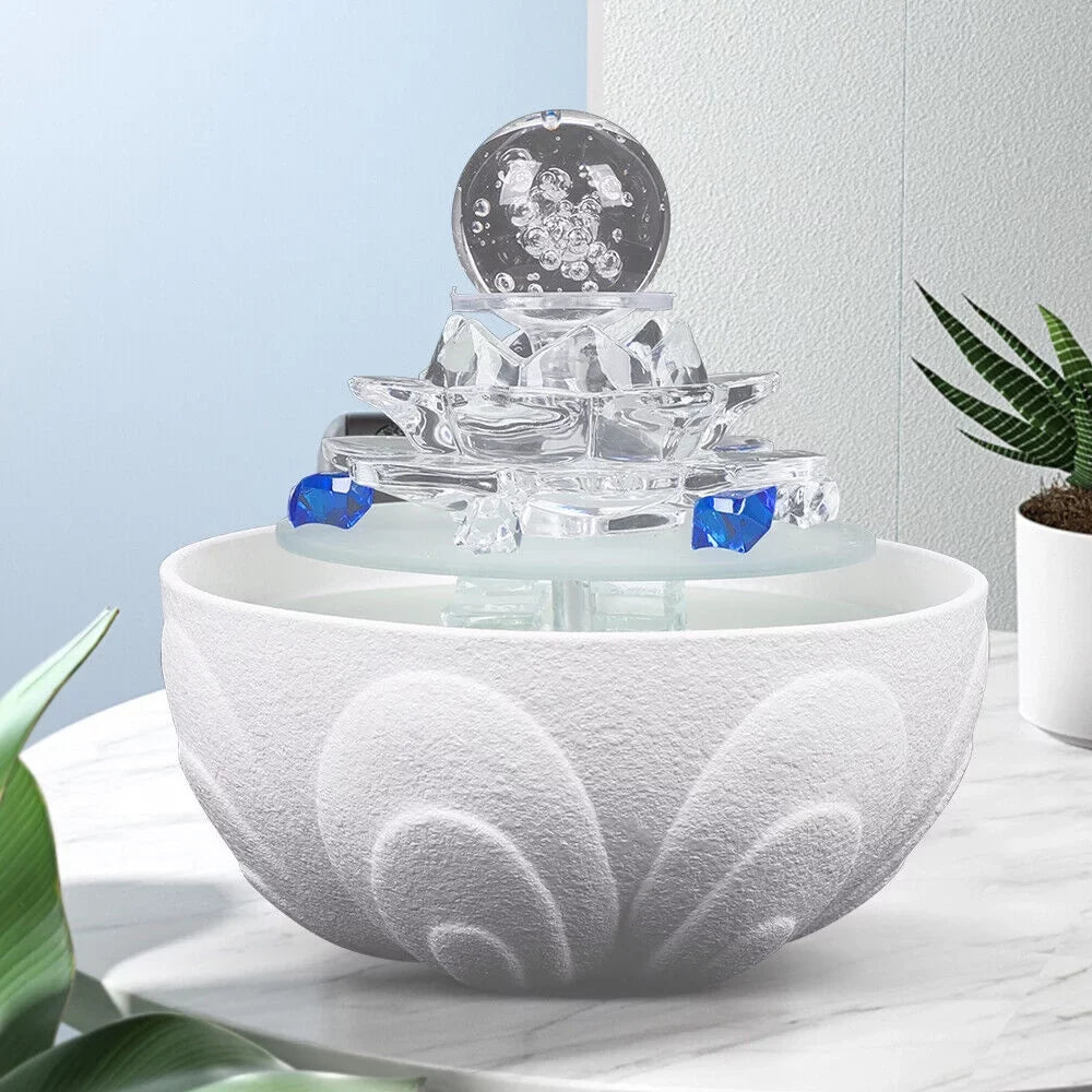 Fountain, White Tabletop Waterfall Lotus Office Fountain Water Decor Crystal Desktop Flowing Ornament Desktop Water Fountain Teahouse