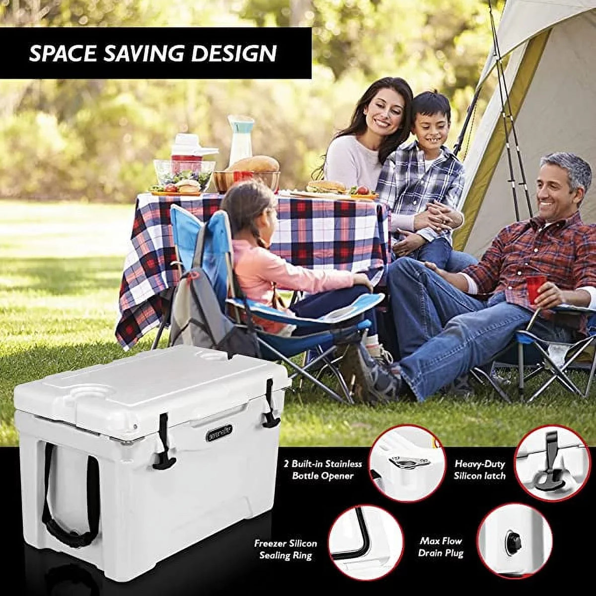 Lightweight Portable (White) Quart W/ Cooler Handles Travel Heavy-Duty Cooler Ice Box 50 SereneLife