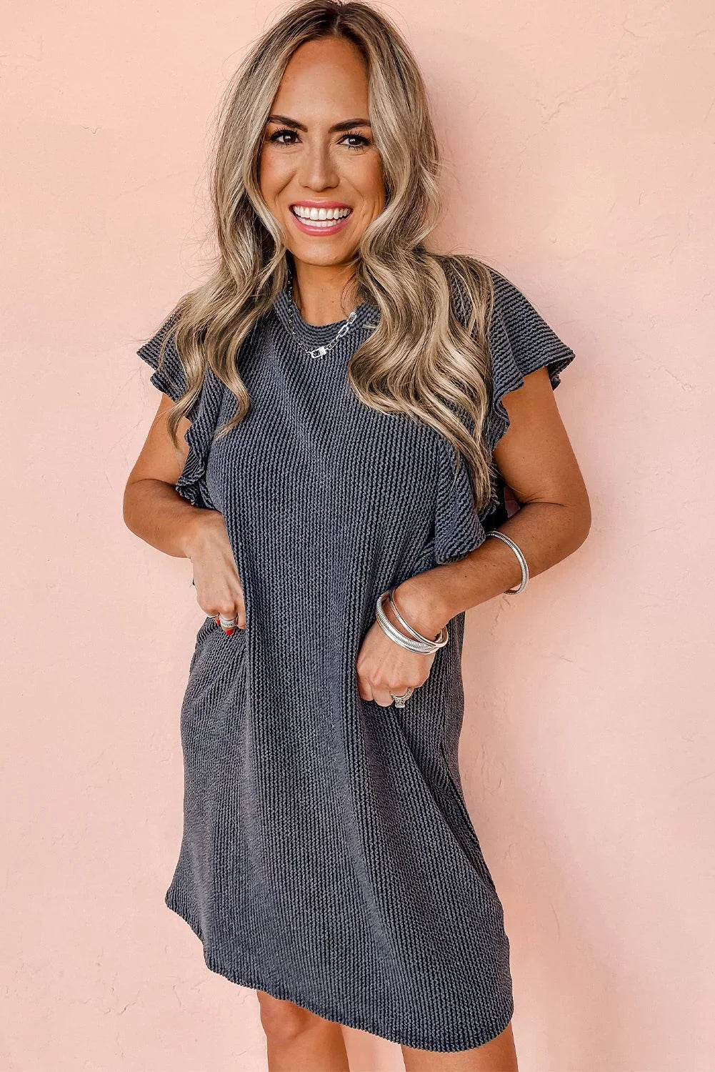 Flutter Sleeve Dress Mini Rose Red Plain Ribbed