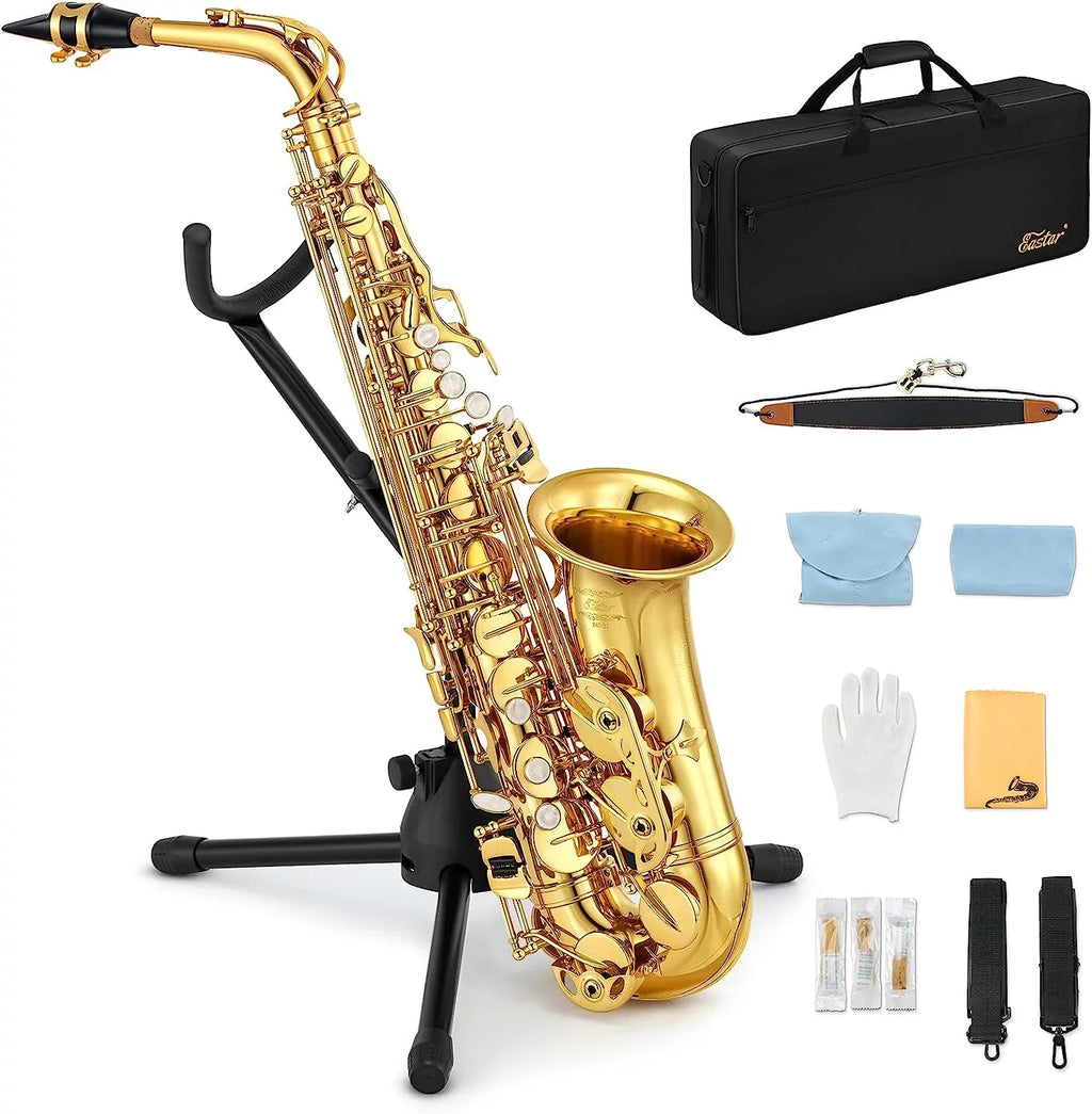 Saxophone Kit Orchestra Flat Instruments Gold Student Sax Stand AS-II Band Alto with Beginner Lacquer School Full Eastar E