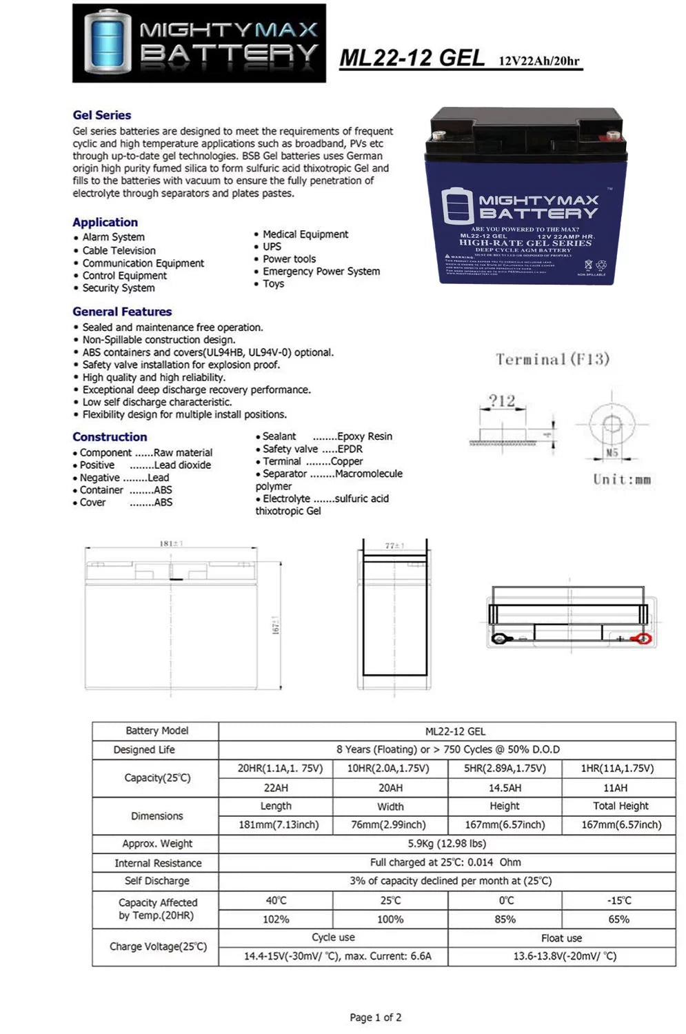 GP 12V Alante GEL Wheelchair 22AH 200 Scooter for Battery Jr