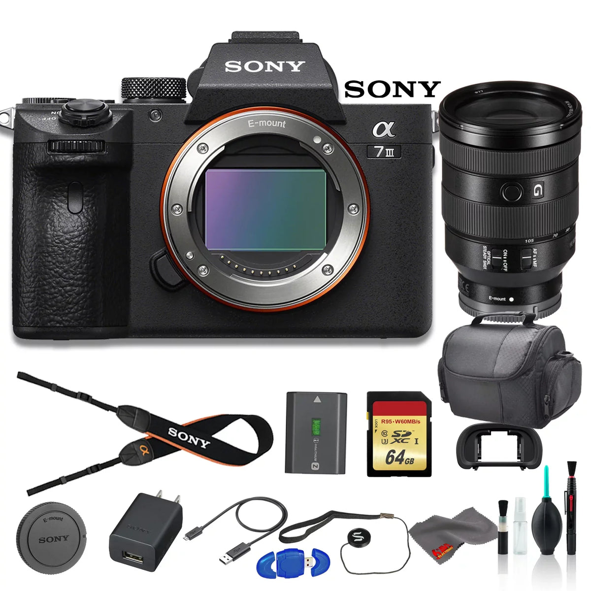 Bag, More a7 III 64GB Lens, Memory Bundle Sony Camera Digital FE - Sony and Mirrorless 24-105mm With Card Reader f/4 Memory Card, Alpha