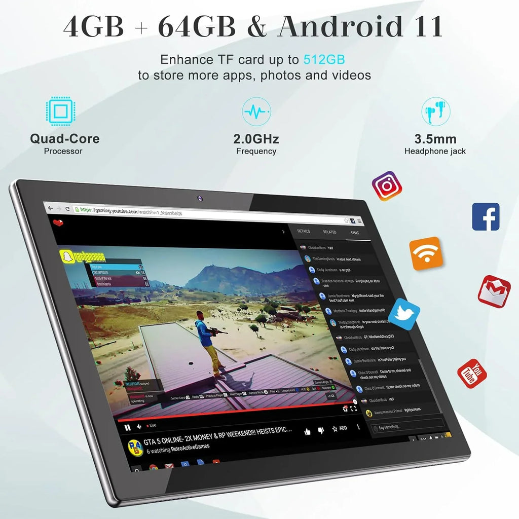 FHD Tablet, 8MP Keyboard/Mouse/Case/Stylus/Tempered Tablets, Quad-Core with Inch Dual 4GB RAM+64GB 1 1280*800 Tab 10" Tableta Newest 2 PC 6000mAh ROM Android Processor, Film, in Camera 11 Battery 10.1