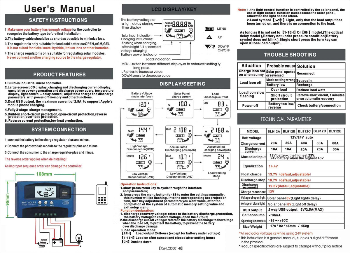 Charger Charge USB Cell Regulator Solar Dual Auto Display 100A Panel Mistaha Controller Solar LCD MPPT
