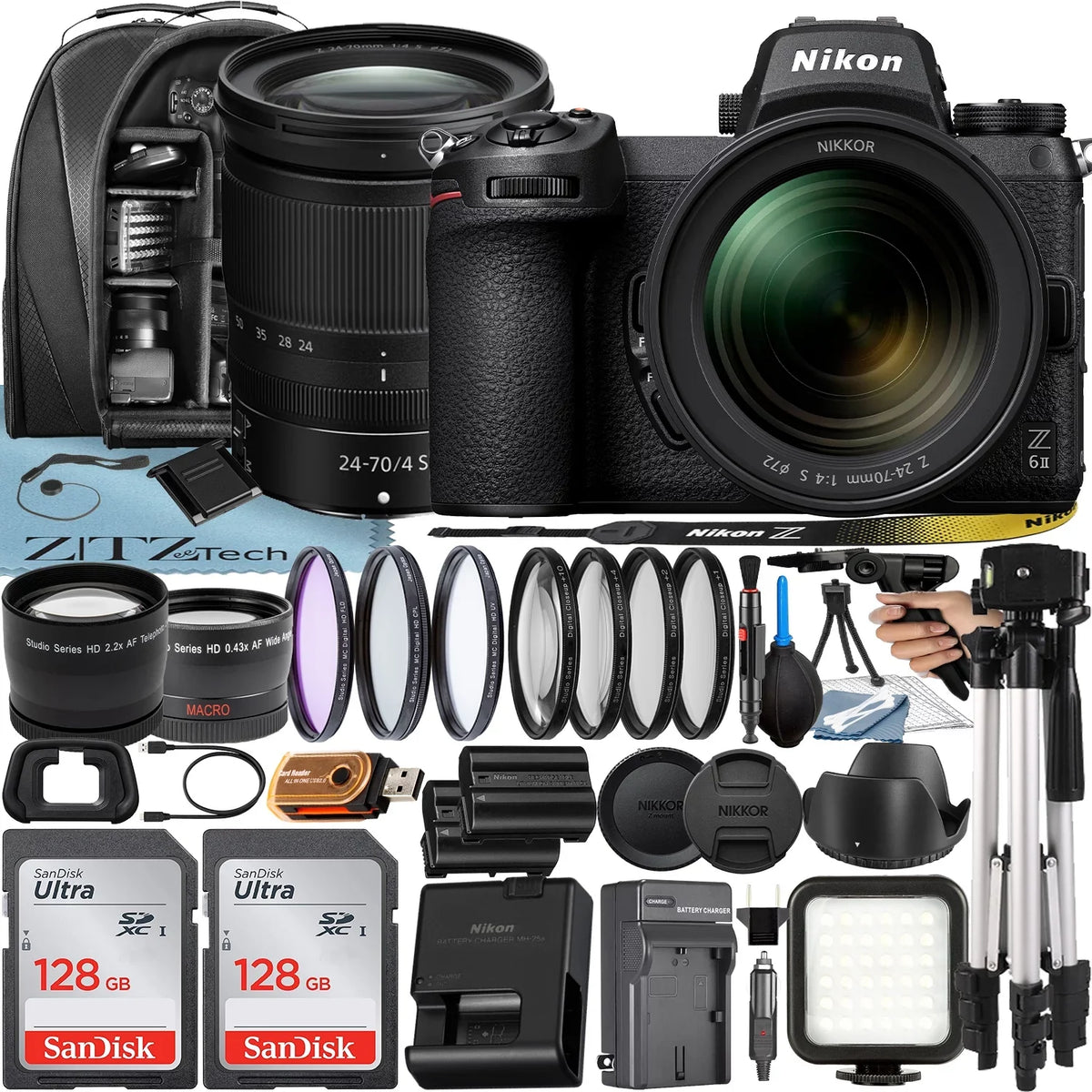 NIKKOR Lens + Nikon Z6 S Camera Tripod ZeeTech Mirrorless 24-70mm + + f/4 SanDisk + II Pack Accessory with Z 128GB 2 Card Case Bundle