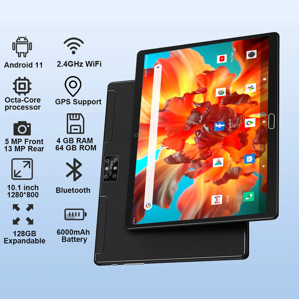 Tablets,64GB 1 Camera,Wi-Fi,Bluetooth,GPS,Black with 128GB Android 11,Tablet 1.6GHz 2 ),6000mAh 4G Octa-Core PC,Dual Keyboard,10 in to inch Tablet Battery,Latest ROM(up Expand Cellular