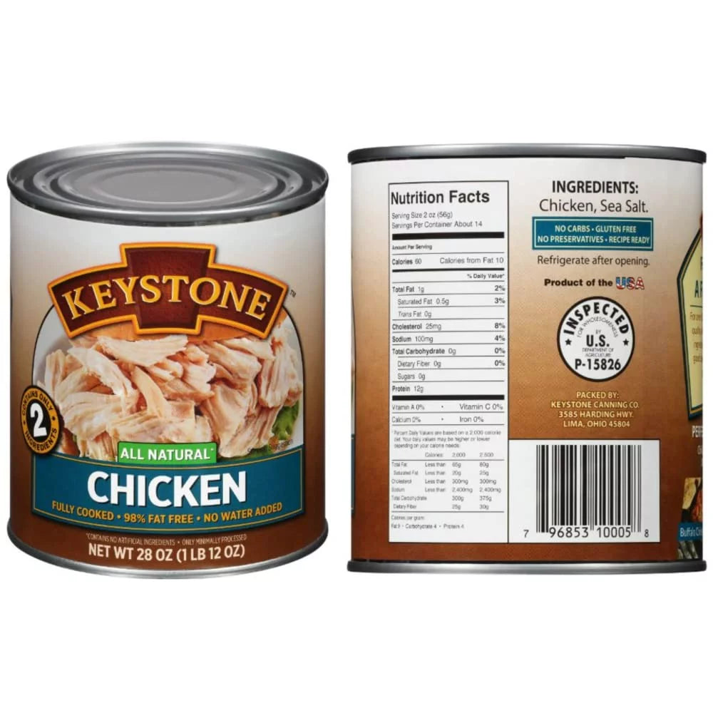 Long Emergency Cans 28oz All 2 Shelf (6 of Survival Life Each) Cans Ready Keystone Combo Food Pork Camping and eat to Natural - Chicken Beef,