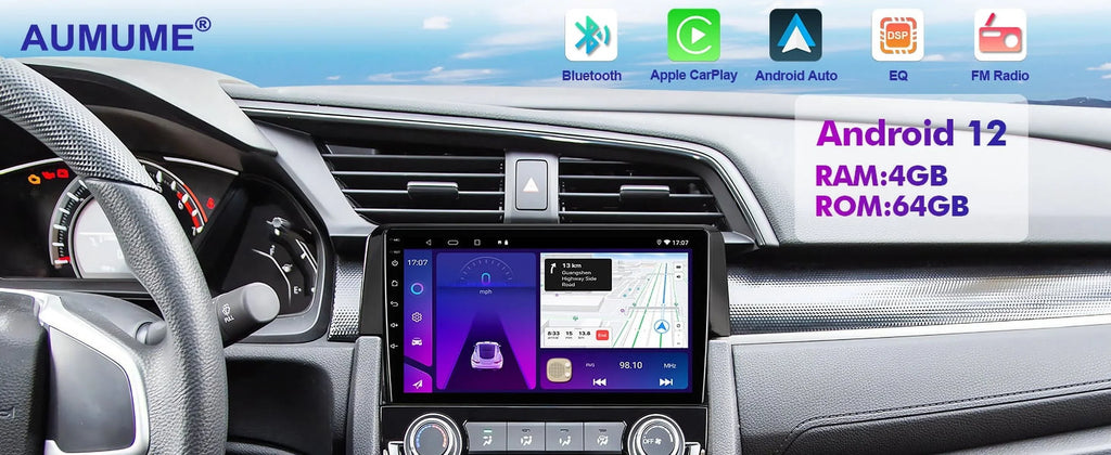 Android Carplay/Android Din Radio with Honda Double Inch 2016-2020 Civic for Wireless Car SWC Built-in Auto Backup Camera 9 6+128G Touchscreen 12 Stereo AUX-in