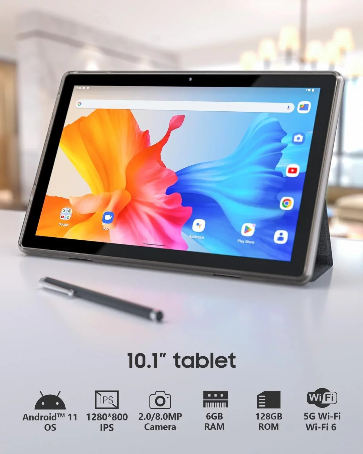 Inch 5G ROM/1TB 6 Android Tableta, Quad Computer Camera, Certified Wi-Fi Core HD 6GB PC, RAM BT Screen, Tablets 8MP 128GB Case(Black) GMS 10 Google Touch 11 Expandable with IPS Tablets, Leather Tablet