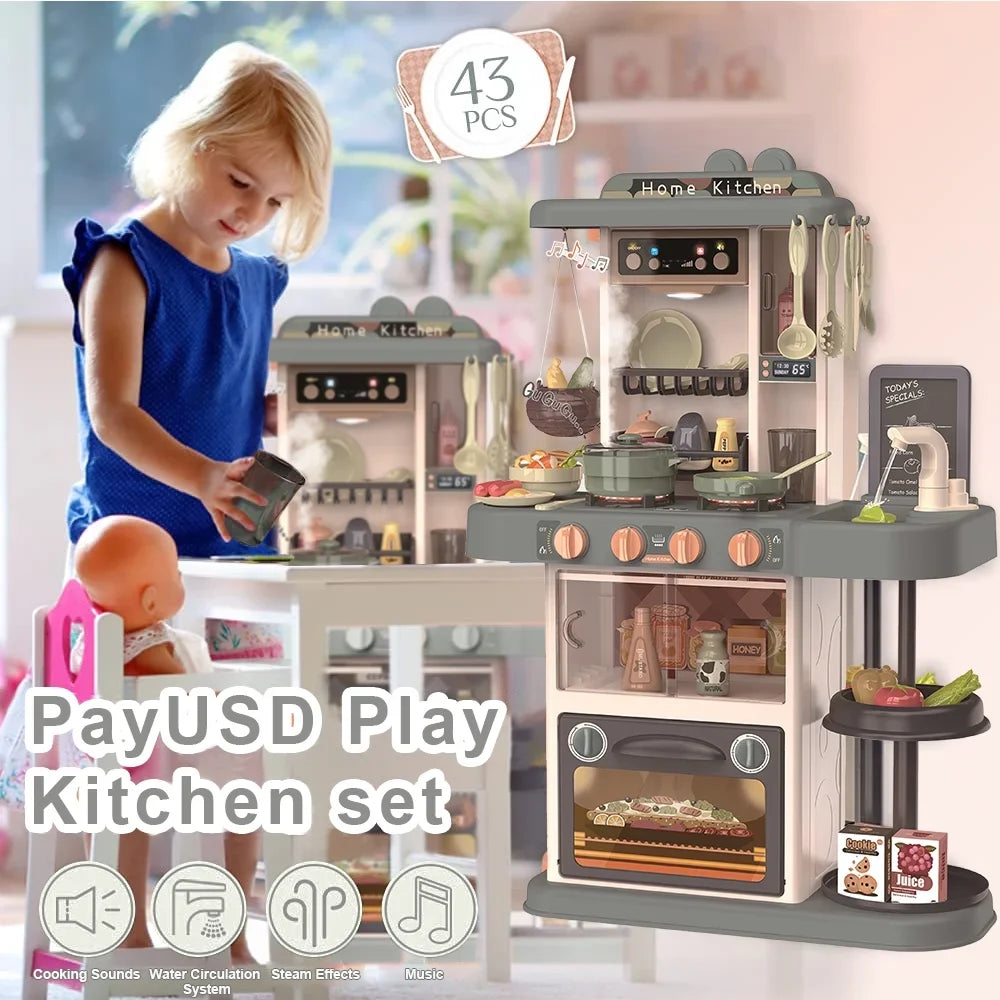 Set 43 of Girls Kitchen Kids Play Simulation Playset 28.3" Toy Pcs and Play Christmas Lights PayUSD Boys Sounds for Green Toys Kitchen Kids Spray with with Toddlers Realistic Birthday, Pretend for