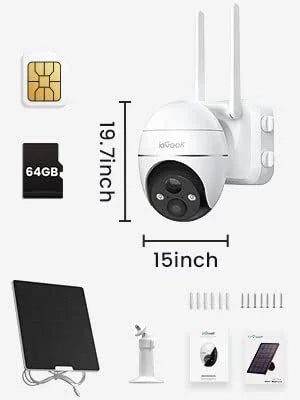 Solar Camera WiFi No LTE QHD, Security Surveillance Included Vision, 2K Card Camera, Night SD 360° Cellular SIM&64GB Powered, Color 3G/4G PTZ, Outdoor, Wireless,