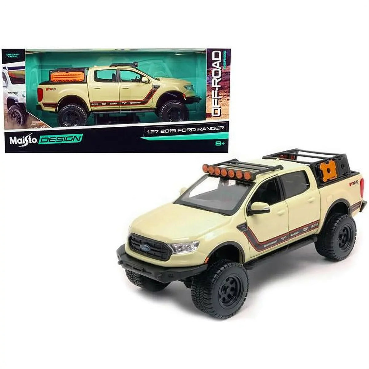 Ford 2019 Diecast off Lariat Road Series Truck Ranger 1-27 Scale Maisto Tan Car, Pickup Model Fx4 Sand with Stripe