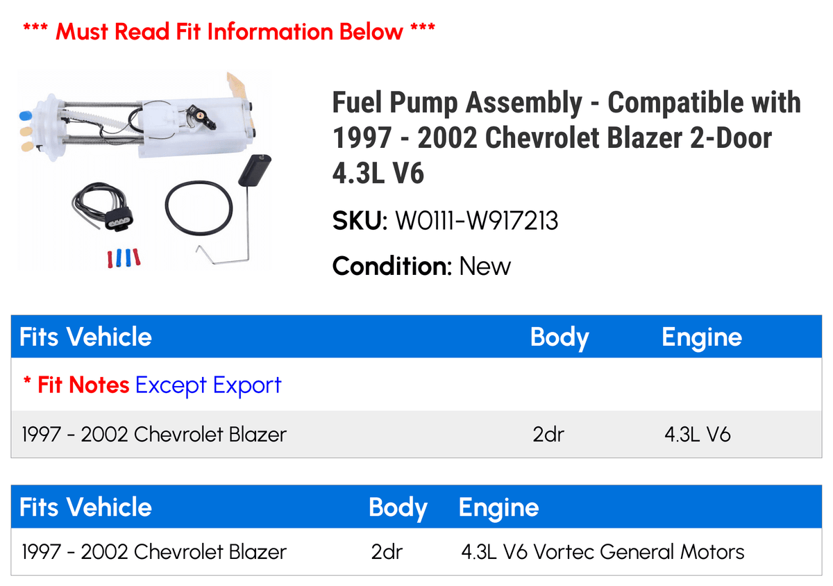 Pump 2002 with - 4.3L 1999 2-Door - 2000 2001 Compatible Assembly V6 Chevy 1998 Blazer Fuel 1997
