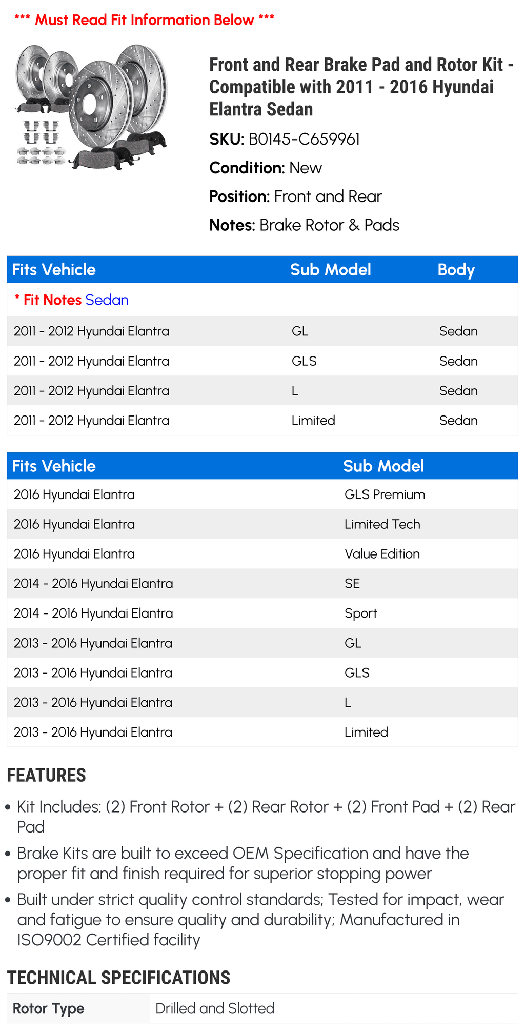 Rotor Elantra 2012 Kit 2013 - 2015 2011 2014 Rear and Pad Sedan and with Brake 2016 - Hyundai Front Compatible