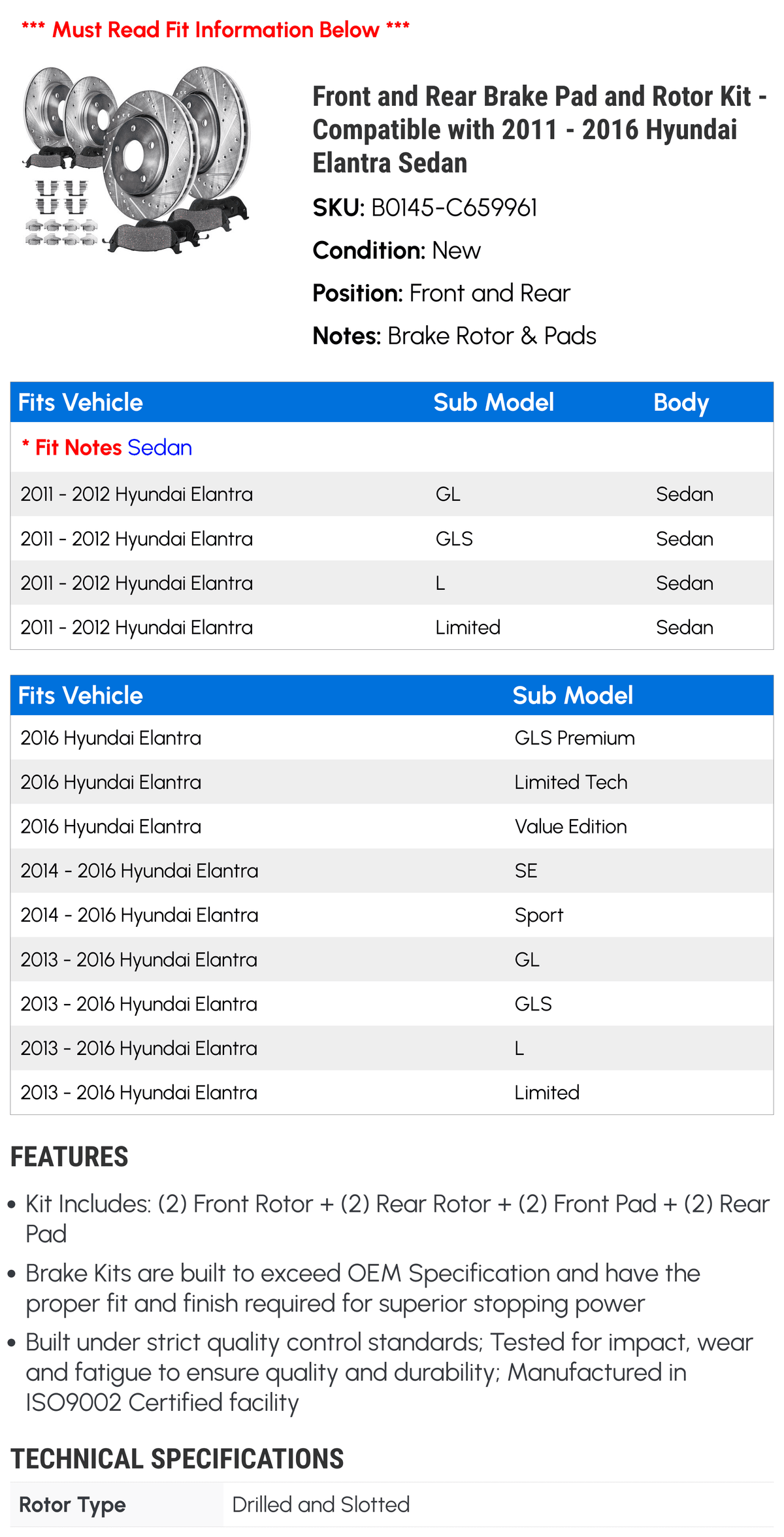 Rotor Elantra 2012 Kit 2013 - 2015 2011 2014 Rear and Pad Sedan and with Brake 2016 - Hyundai Front Compatible