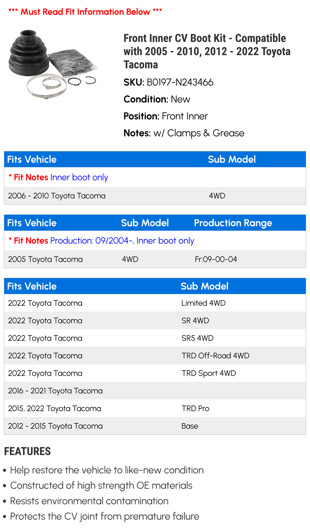 with Boot 2018 2012 2008 - Kit Toyota 2009 CV 2010, 2017 2022 2021 2019 2014 Inner - 2013 2015 2005 2020 Tacoma Compatible 2016 Front 2007 - 2006