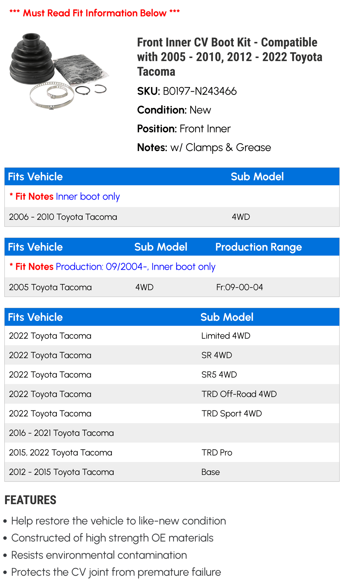 with Boot 2018 2012 2008 - Kit Toyota 2009 CV 2010, 2017 2022 2021 2019 2014 Inner - 2013 2015 2005 2020 Tacoma Compatible 2016 Front 2007 - 2006