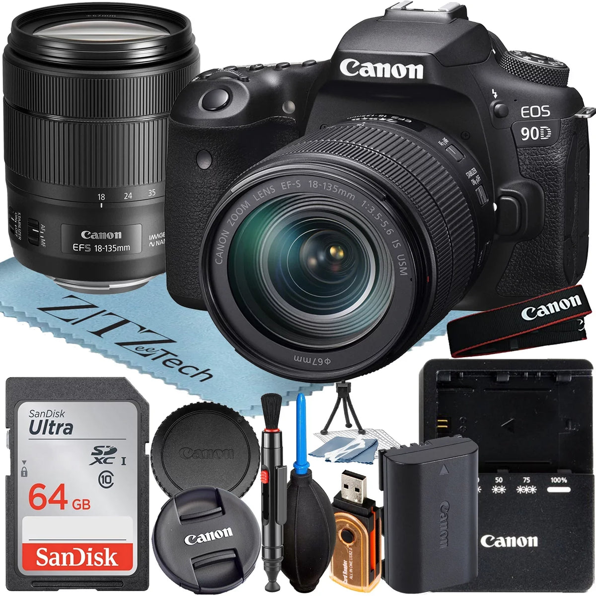 18-135mm Memory Bundle Lens Accessory DSLR 90D Canon Camera 64GB Card ZeeTech + with USM SanDisk EOS + IS