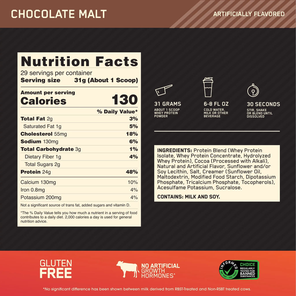 24 Whey Nutrition, Gold 100% Servings Chocolate 2 Powder, Optimum g 29 lb, Malt, Standard Protein Protein,