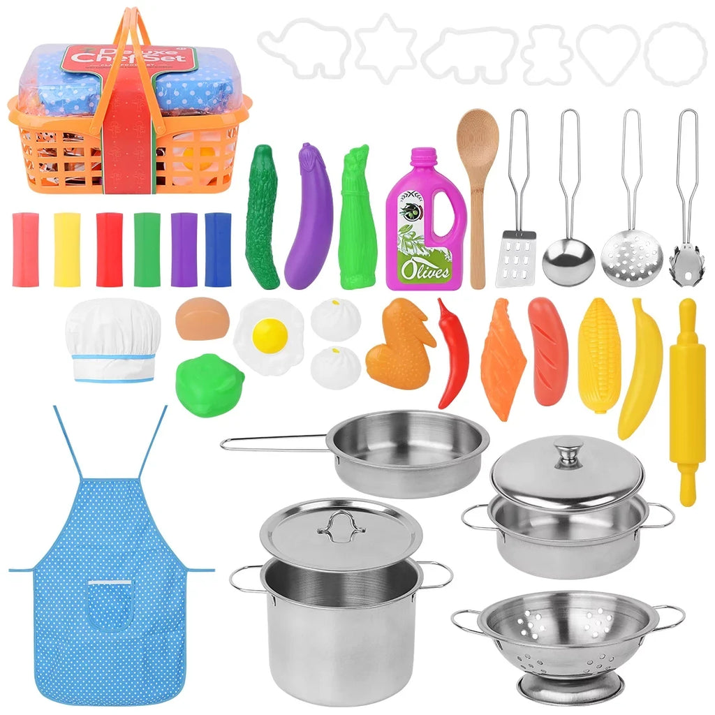 Pots Pretend Girls Stainless Play Set Kitchen Toys, Cooking Steel Kitchen Utensils Healthy SEKKVY with Set Cookware and Pans Knife,Apron,Little Boys Vegetables, Kids Chef