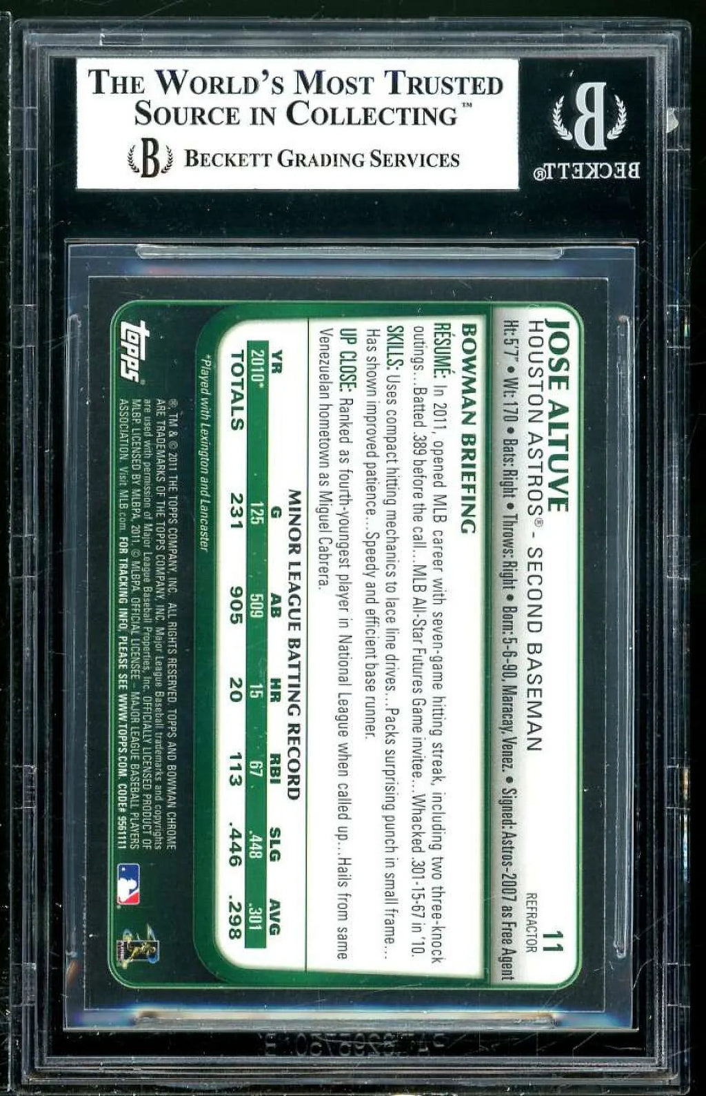 Altuve 8.5 BGS Draft Jose Purple Bowman Card 2011 Refractors #11 Chrome Rookie