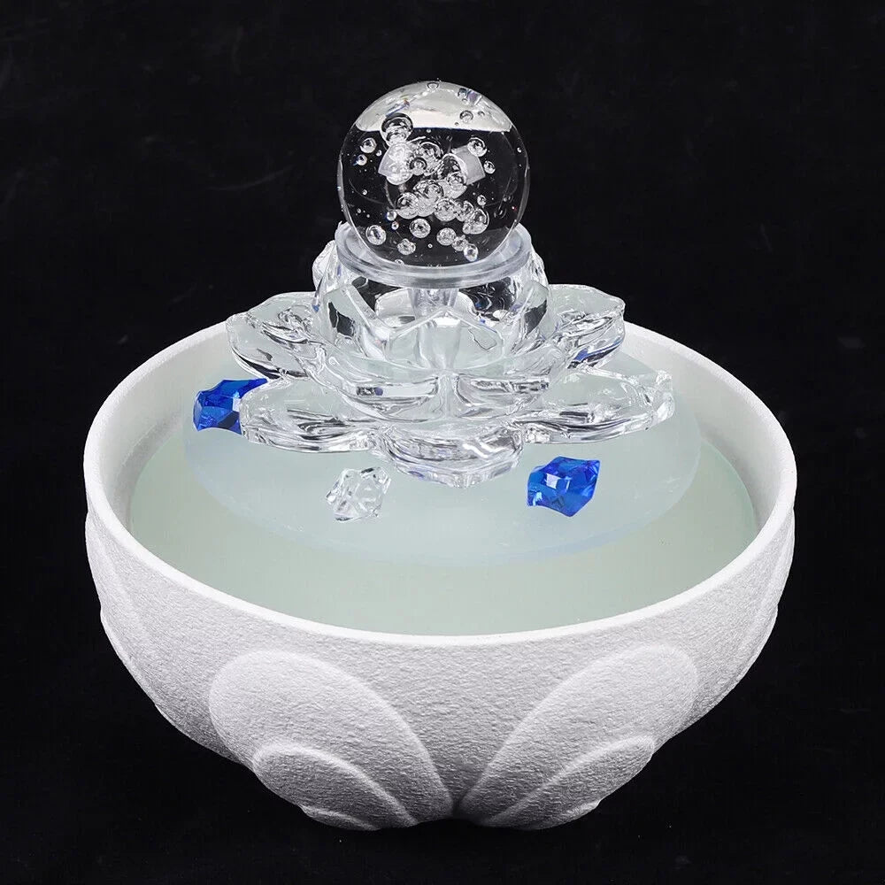 Fountain, White Tabletop Waterfall Lotus Office Fountain Water Decor Crystal Desktop Flowing Ornament Desktop Water Fountain Teahouse