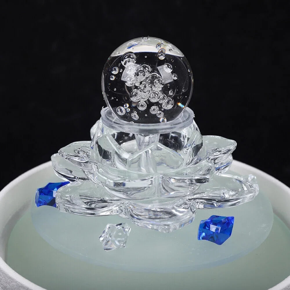 Fountain, White Tabletop Waterfall Lotus Office Fountain Water Decor Crystal Desktop Flowing Ornament Desktop Water Fountain Teahouse