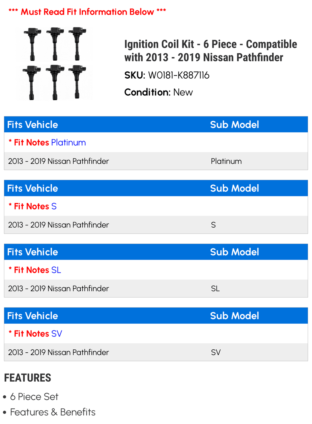 2015 Ignition 2014 2018 - Nissan Coil - Piece 2017 2013 2016 - with 2019 6 Kit Pathfinder Compatible