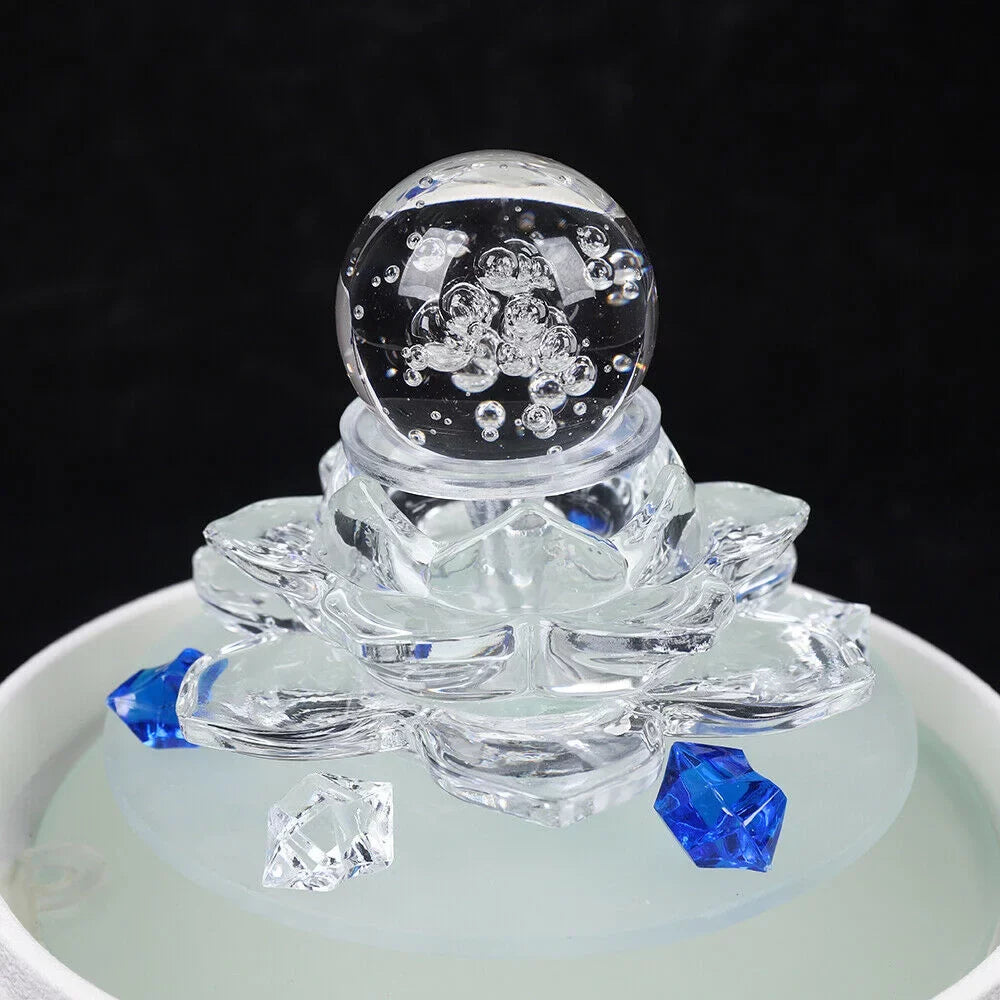 Fountain, White Tabletop Waterfall Lotus Office Fountain Water Decor Crystal Desktop Flowing Ornament Desktop Water Fountain Teahouse