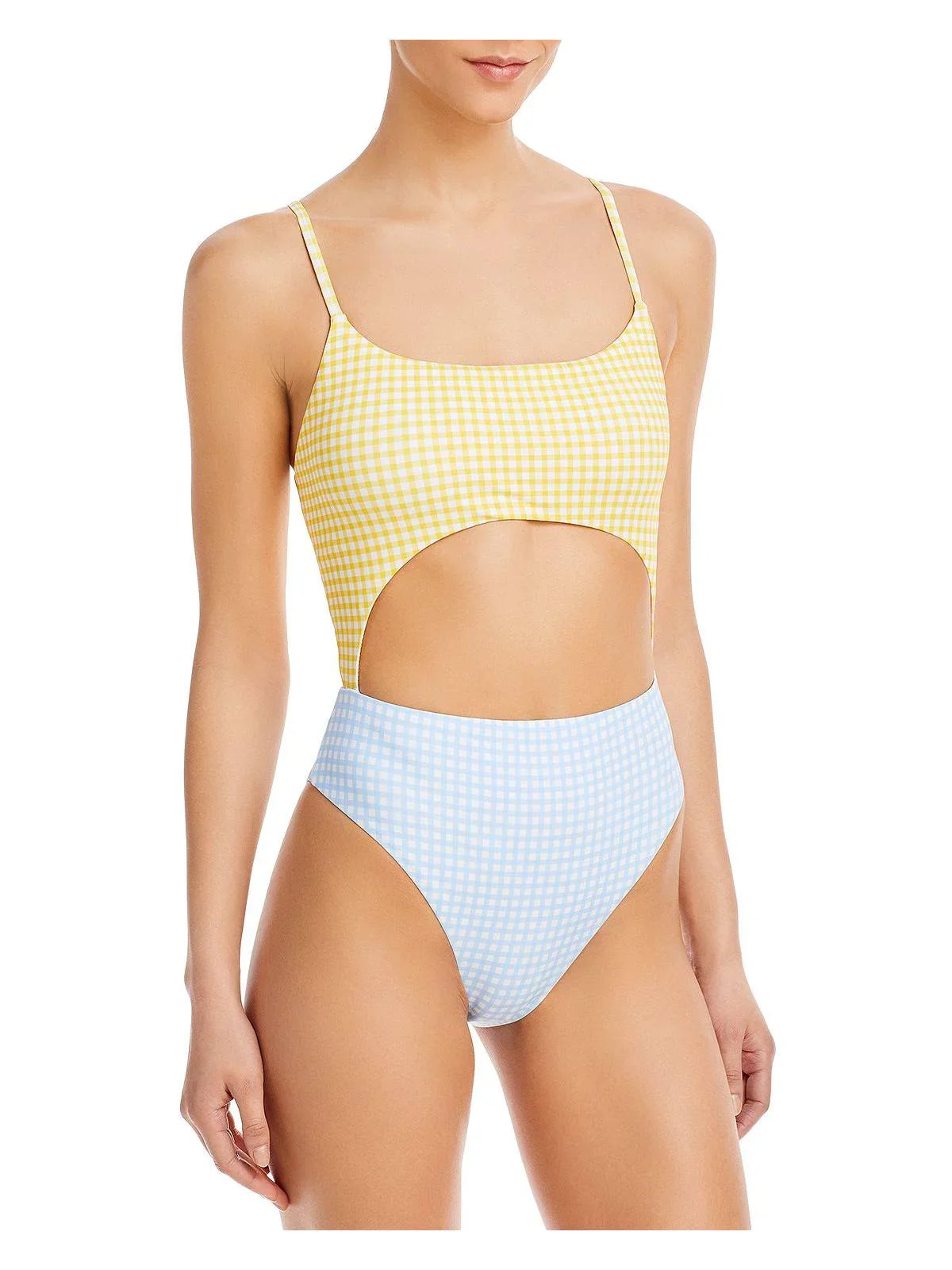 Checkered Aqua Swim Swimsuit One-Piece Cut-Out Womens