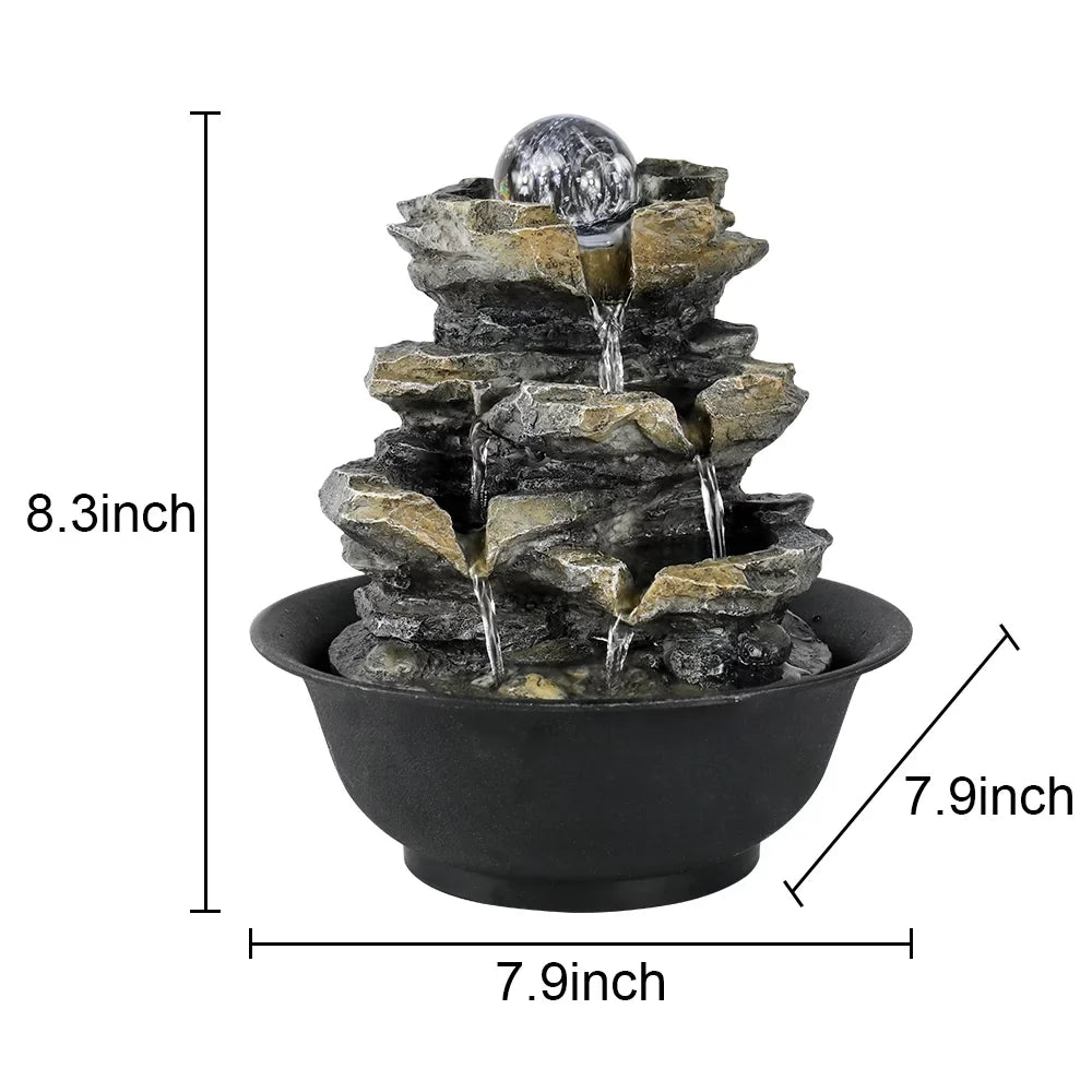 High 8.3-inch Tabletop Water Lights and LED Cascading 4-Tier Rock with Decor Fountain Falls for Office Home