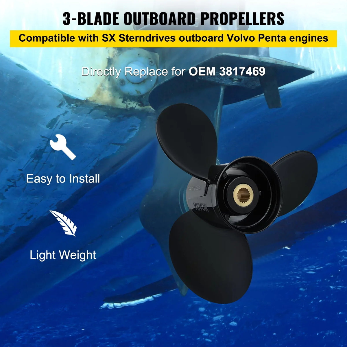 Propeller, Outboard Volvo OEM Penta Sterndrives Aluminium for Right-handed SX Outboard 14 21" x Boat VEVOR 1/4 Teeth 3-Blade Compatible Replace Engine, Spline Propeller, & 3817469, 19 Propeller