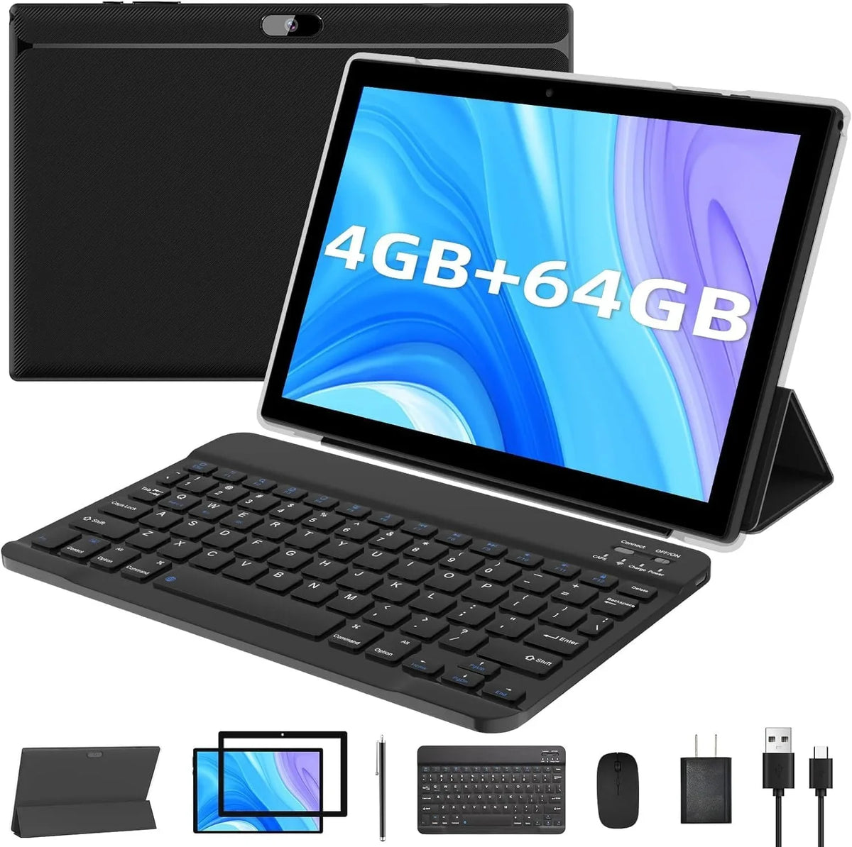 FHD Tablet, 8MP Keyboard/Mouse/Case/Stylus/Tempered Tablets, Quad-Core with Inch Dual 4GB RAM+64GB 1 1280*800 Tab 10" Tableta Newest 2 PC 6000mAh ROM Android Processor, Film, in Camera 11 Battery 10.1