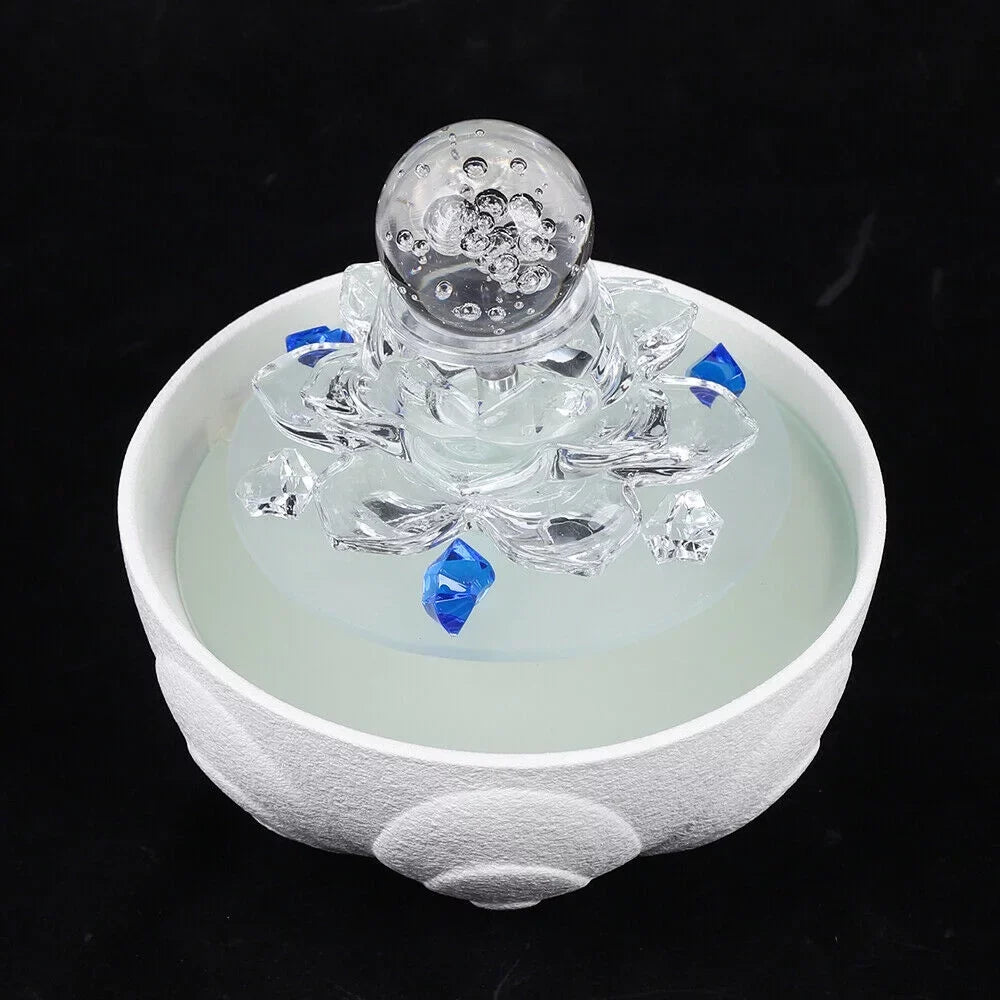 Fountain, White Tabletop Waterfall Lotus Office Fountain Water Decor Crystal Desktop Flowing Ornament Desktop Water Fountain Teahouse