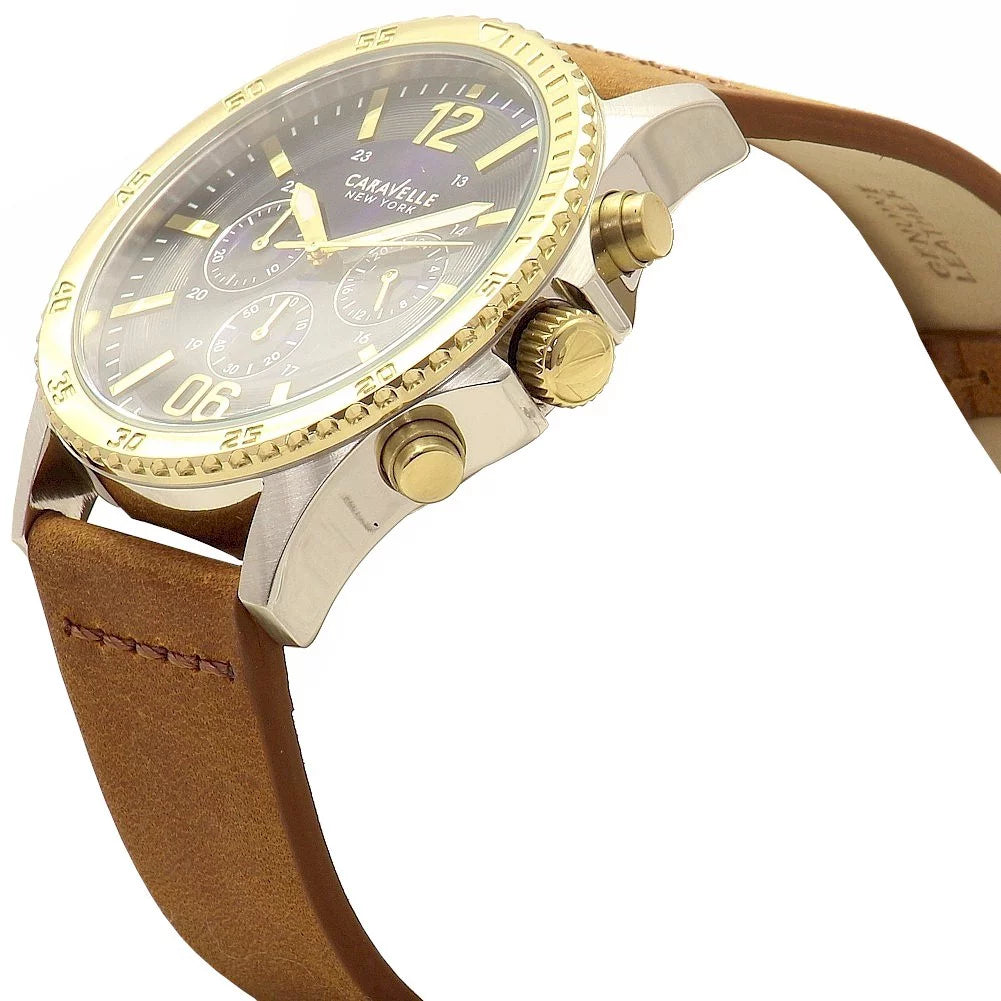 Watch Blue Strap Sport Leather Men's Dial Brown Chronograph 45A135 Caravelle