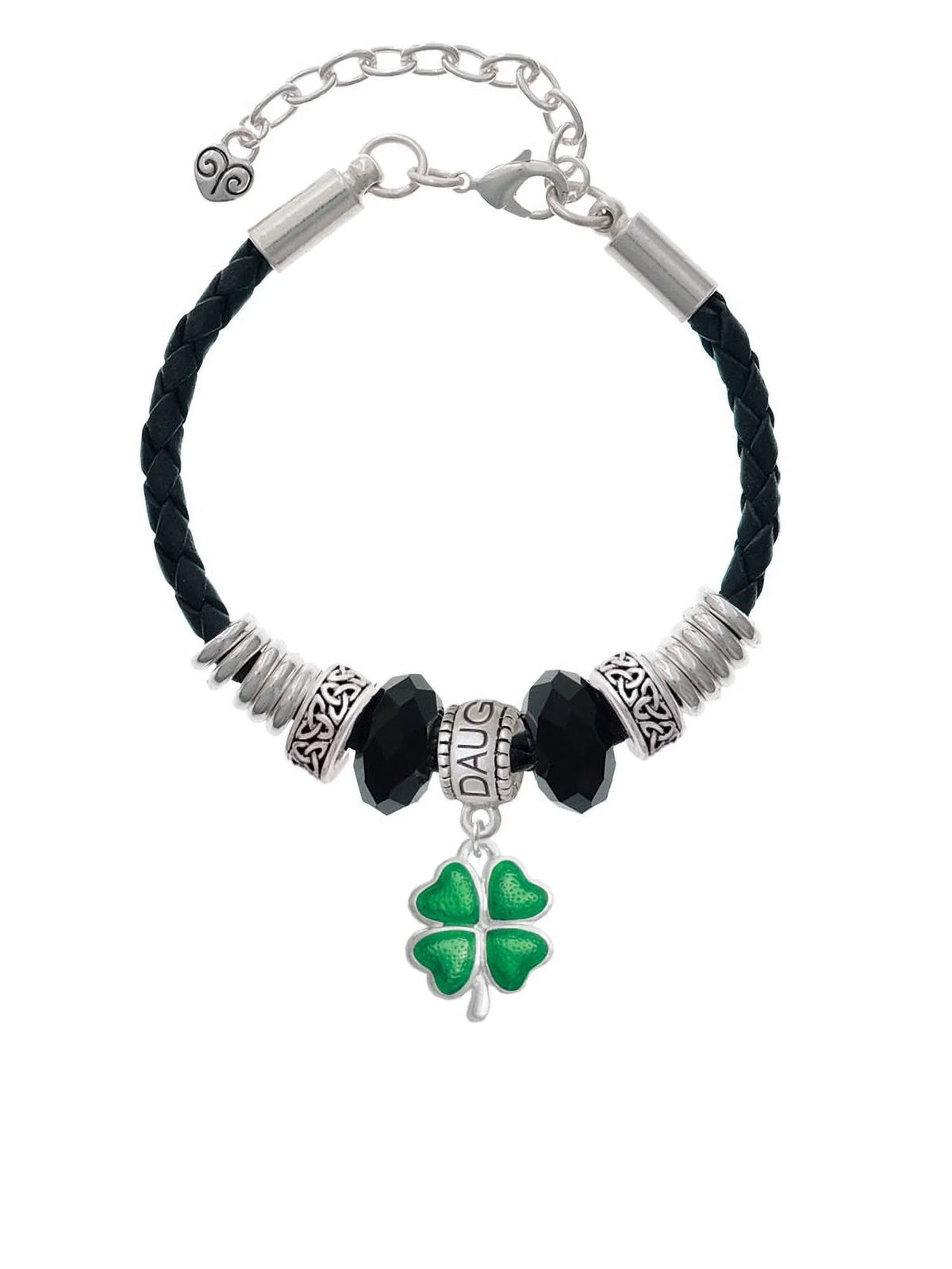 Jewelry Translucent Knot Bead Daughter Extender Four 7"+2" Lucky Celtic Clover Delight Leather Bracelet, Silvertone Leaf Green