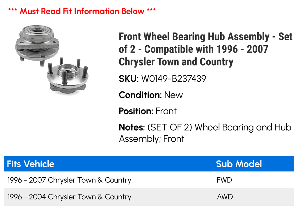 1997 Compatible 2005 2000 with Hub - 2004 2002 Assembly 2001 1999 Bearing Town 2006 - Wheel and Chrysler Country Set 2003 1998 - 1996 2 of Front 2007