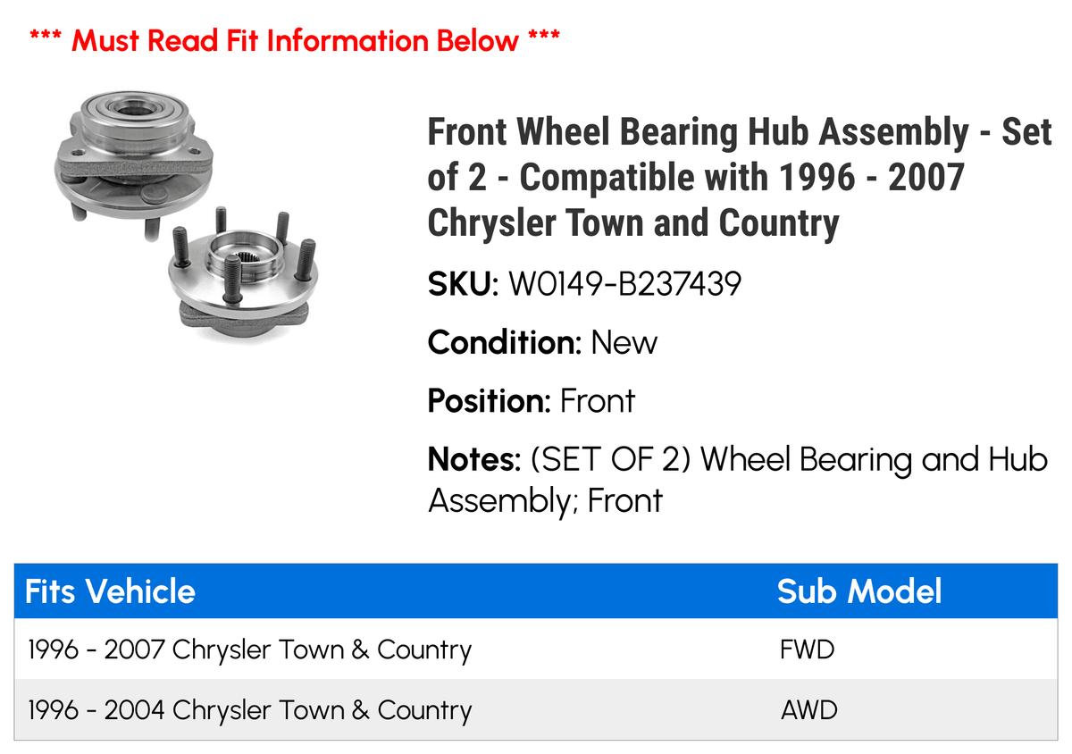 1997 Compatible 2005 2000 with Hub - 2004 2002 Assembly 2001 1999 Bearing Town 2006 - Wheel and Chrysler Country Set 2003 1998 - 1996 2 of Front 2007