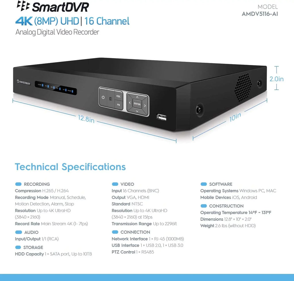 16 IP Security Face (AMDV5116-I3) Human Amcrest Channel Cameras, Amcrest Detection Camera Recognition, DVR Cameras Smart DVR, Vehicle & AI AI for Analog 4K DVR & AI Recorder, Security System