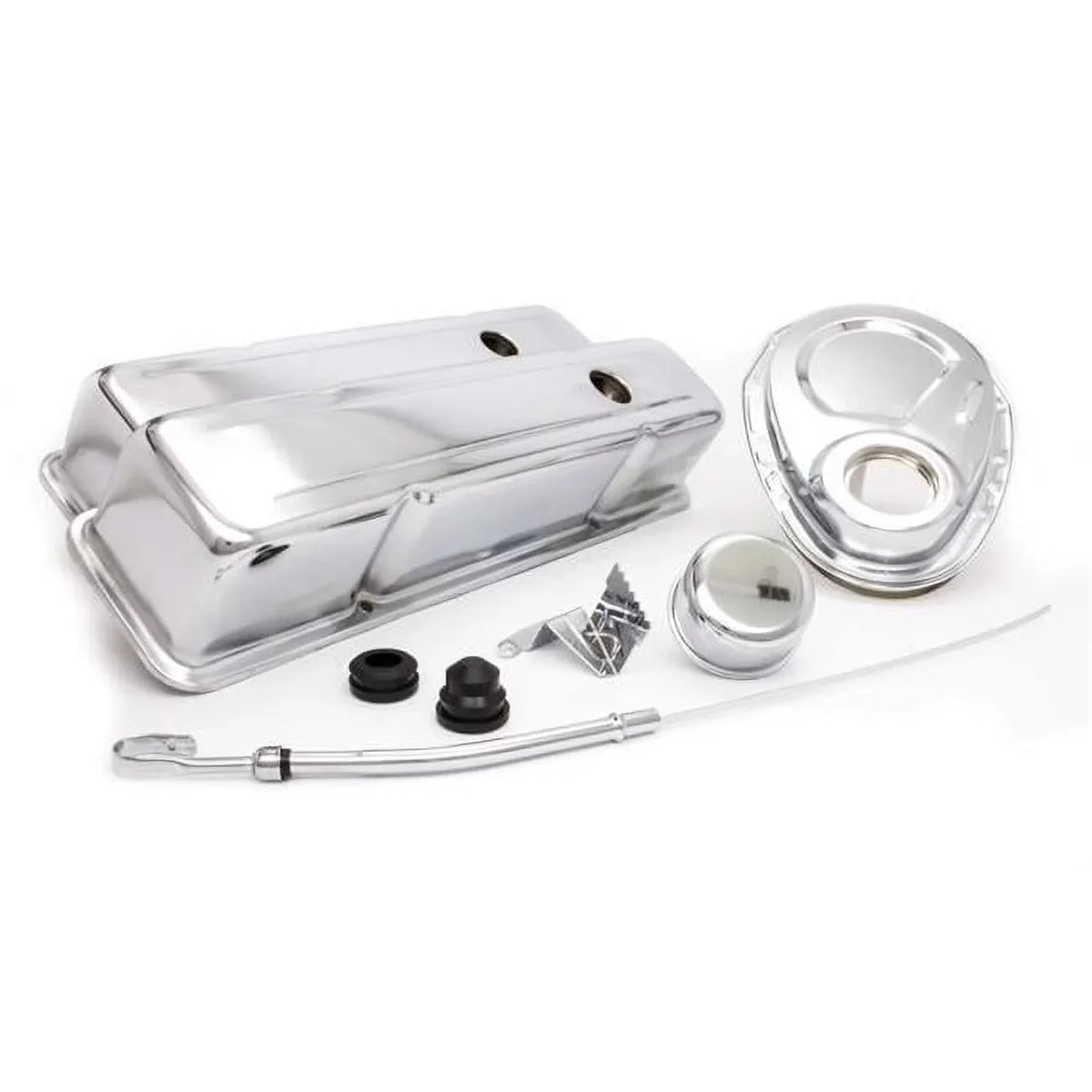 Steel - Chrome Kit Block Cover-Timing Racing Dress Valve Kit Power Chevy Tab Engine Covers-Breather-Dipstick-Grommets-Timing Up Small Tall