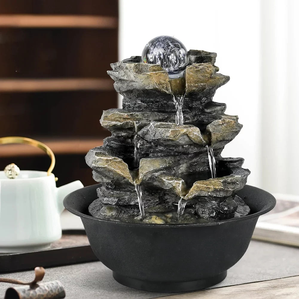 High 8.3-inch Tabletop Water Lights and LED Cascading 4-Tier Rock with Decor Fountain Falls for Office Home