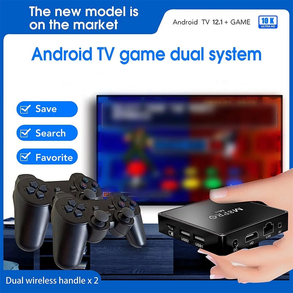 Retor 100M TV Game Pro with Game 10000+ Box Box System Game Wireless M8 TV and Dual Controllers Mini 4K Android