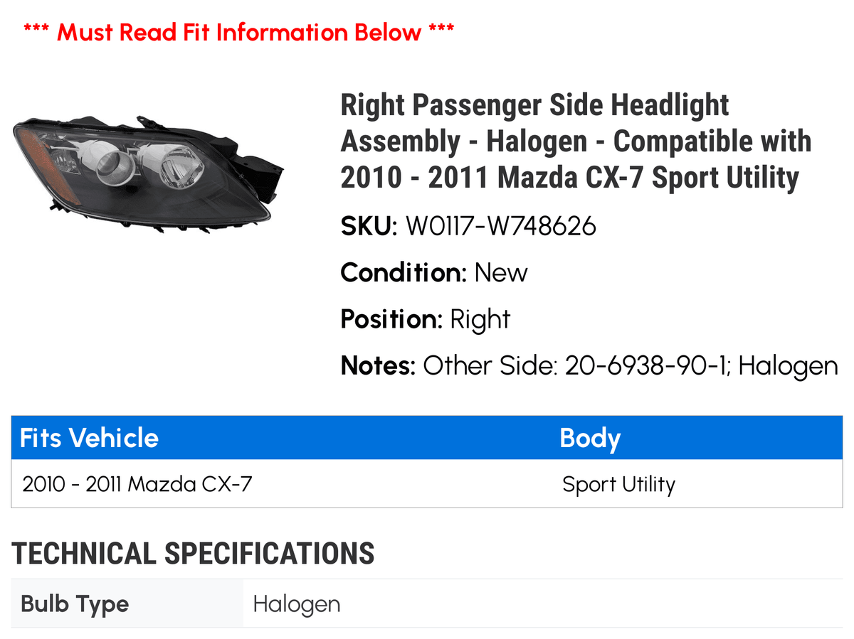 Halogen Side 2011 CX-7 Mazda 2010 Sport - Compatible - Passenger Utility Right Assembly Headlight - with