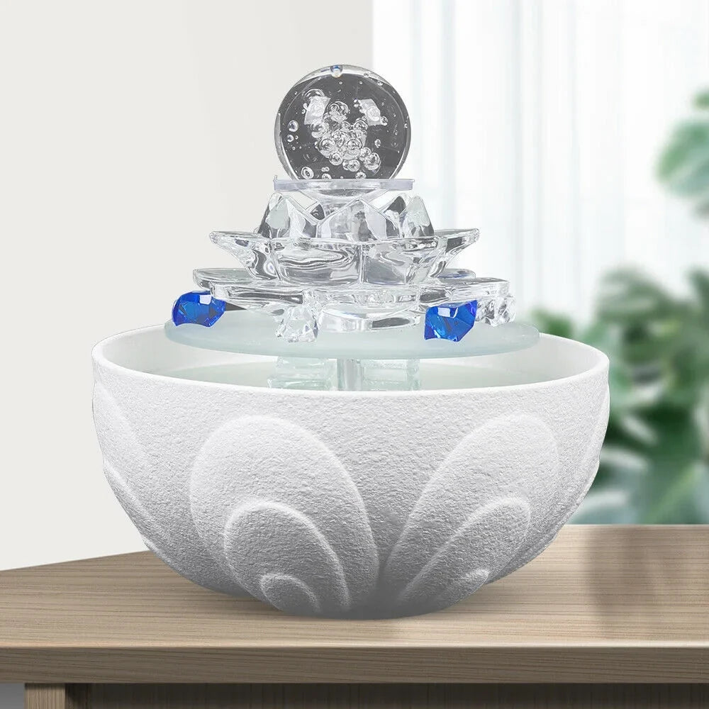 Fountain, White Tabletop Waterfall Lotus Office Fountain Water Decor Crystal Desktop Flowing Ornament Desktop Water Fountain Teahouse