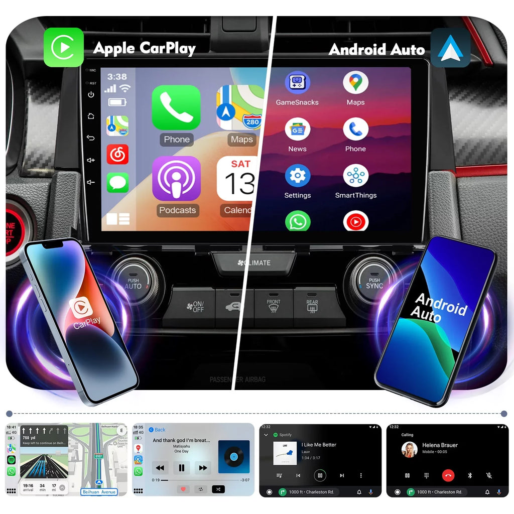 Android Carplay/Android Din Radio with Honda Double Inch 2016-2020 Civic for Wireless Car SWC Built-in Auto Backup Camera 9 6+128G Touchscreen 12 Stereo AUX-in