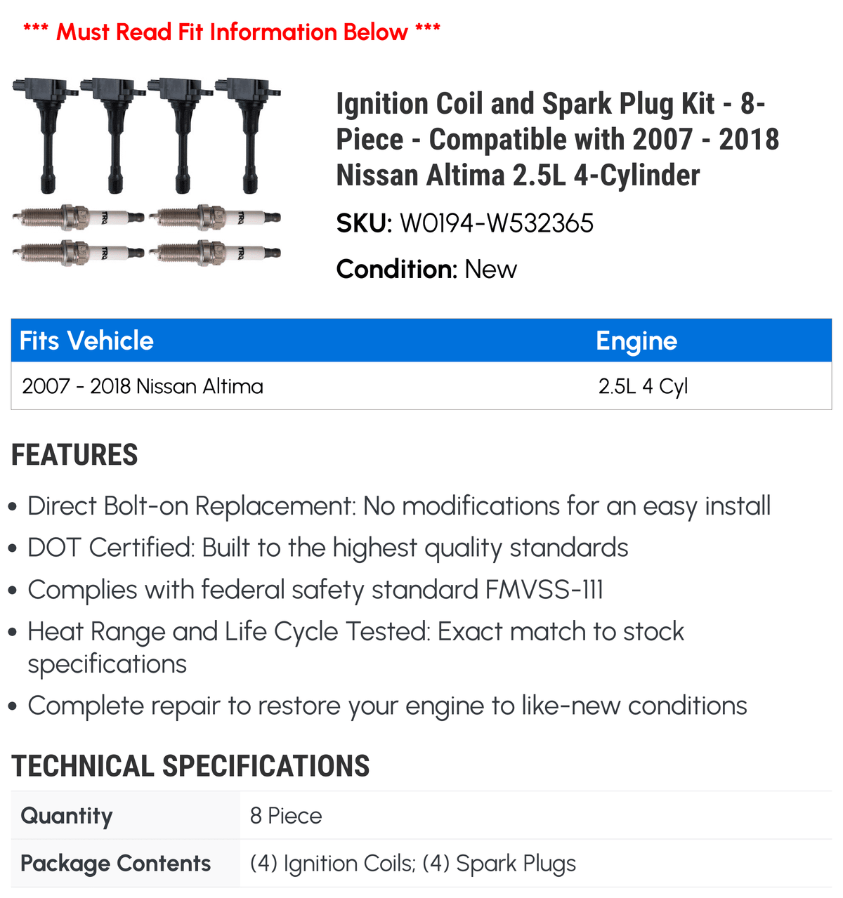 4-Cylinder and Altima Spark 2009 2016 - Compatible 2014 with Nissan 2018 2012 2008 2.5L Coil - 2011 2017 2007 2013 2010 - Kit Ignition Plug 2015 8-Piece